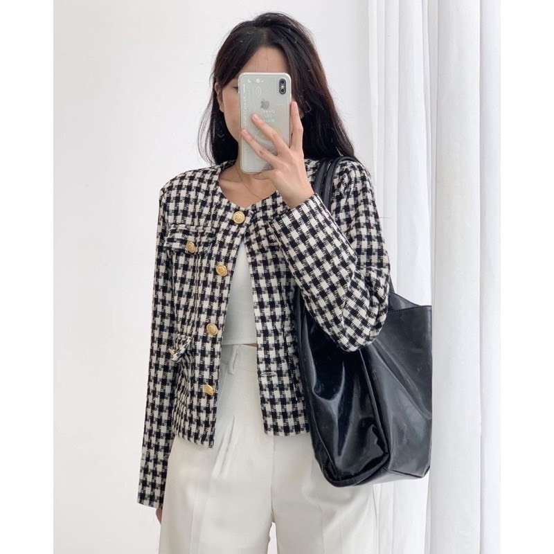 Áo Dạ Kẻ Dáng Cộc Cổ Tròn Hai Lớp Áo Dạ Tweed 4 Túi, có lót bên trong!