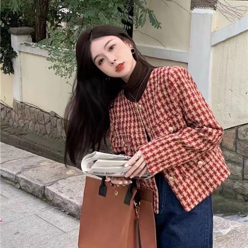 Áo Dạ Kẻ Dáng Cộc Cổ Tròn Hai Lớp Áo Dạ Tweed 4 Túi, có lót bên trong!