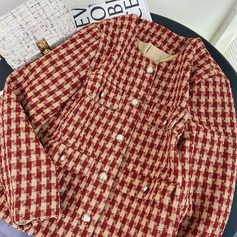 Áo Dạ Kẻ Dáng Cộc Cổ Tròn Hai Lớp Áo Dạ Tweed 4 Túi, có lót bên trong!