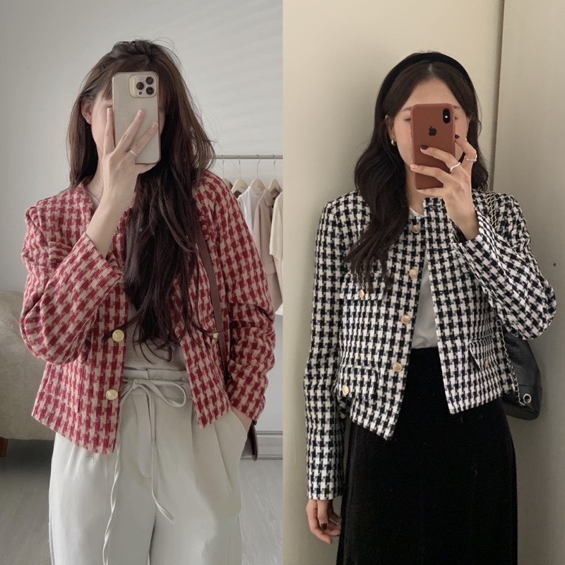 Áo Dạ Kẻ Dáng Cộc Cổ Tròn Hai Lớp Áo Dạ Tweed 4 Túi, có lót bên trong!