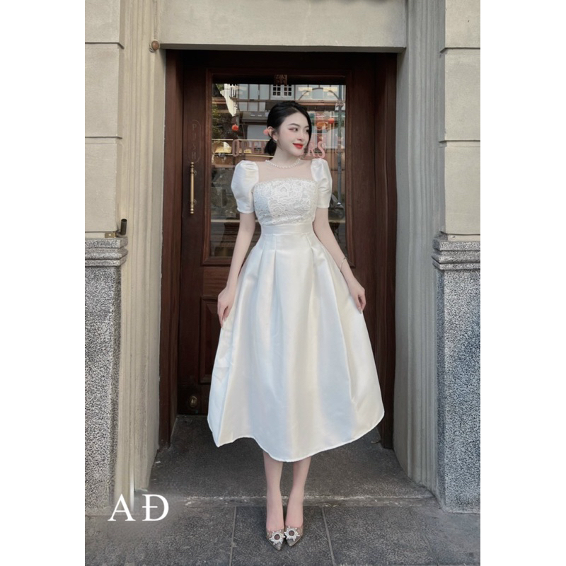 Váy Cưới Tay Phồng Cổ Viền Ngọc Phối Ren Dự Tiệc Sang Trọng Size S M Chất Taffa V503 AĐ BOUTIQUE