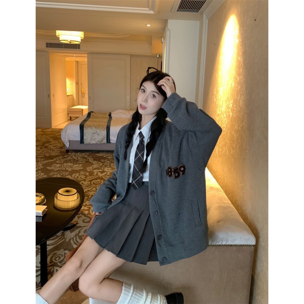 Áo Khoác Cardigan In Hình 1859 Xám Nam Nữ Unisex Form Rộng Ullzang