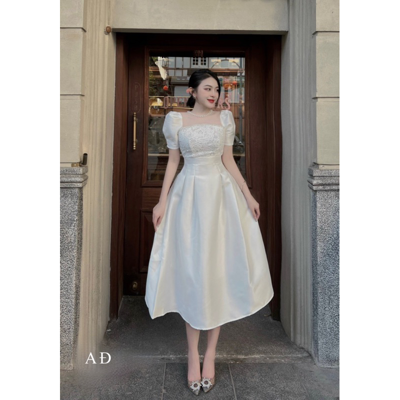 Váy Cưới Tay Phồng Cổ Viền Ngọc Phối Ren Dự Tiệc Sang Trọng Size S M Chất Taffa V503 AĐ BOUTIQUE