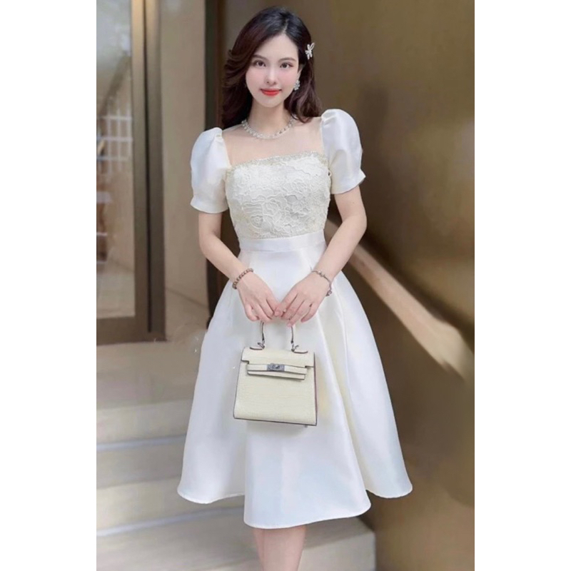 Váy Cưới Tay Phồng Cổ Viền Ngọc Phối Ren Dự Tiệc Sang Trọng Size S M Chất Taffa V503 AĐ BOUTIQUE