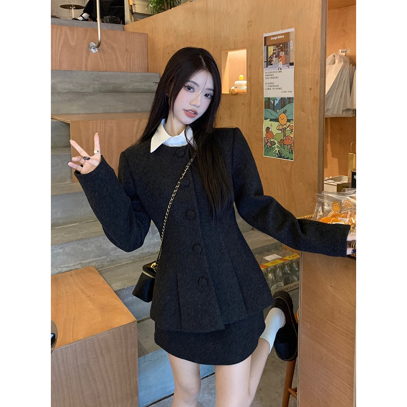 𝐎𝐇𝐘𝐎𝐎: Set áo khoác dạ dài tay và chân váy thời trang nữ thu đông