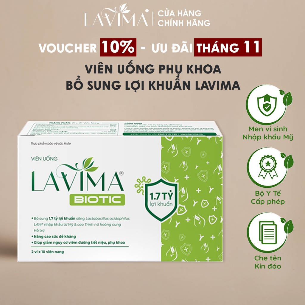 Viên Uống Phụ Khoa Lợi Khuẩn Bổ Sung Men Vi Sinh Lavima Biotic Giảm Khí Hư Ngứa Rát Hộp 2 Vỉ x 10 Viên Nang