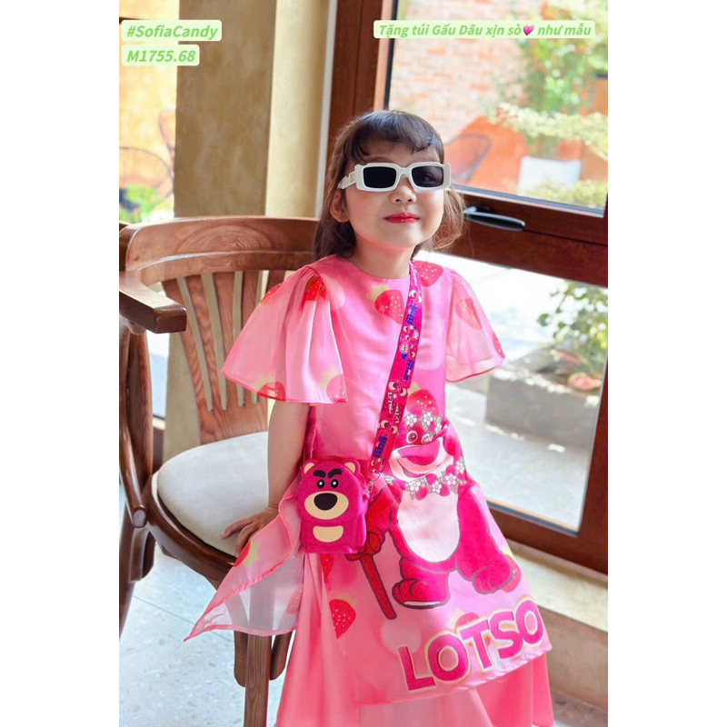 Áo dài cách Tân gấu dâu kèm nơ đeo bé gái 8-30kg, áo dài Tết bé gái siêu đẹp