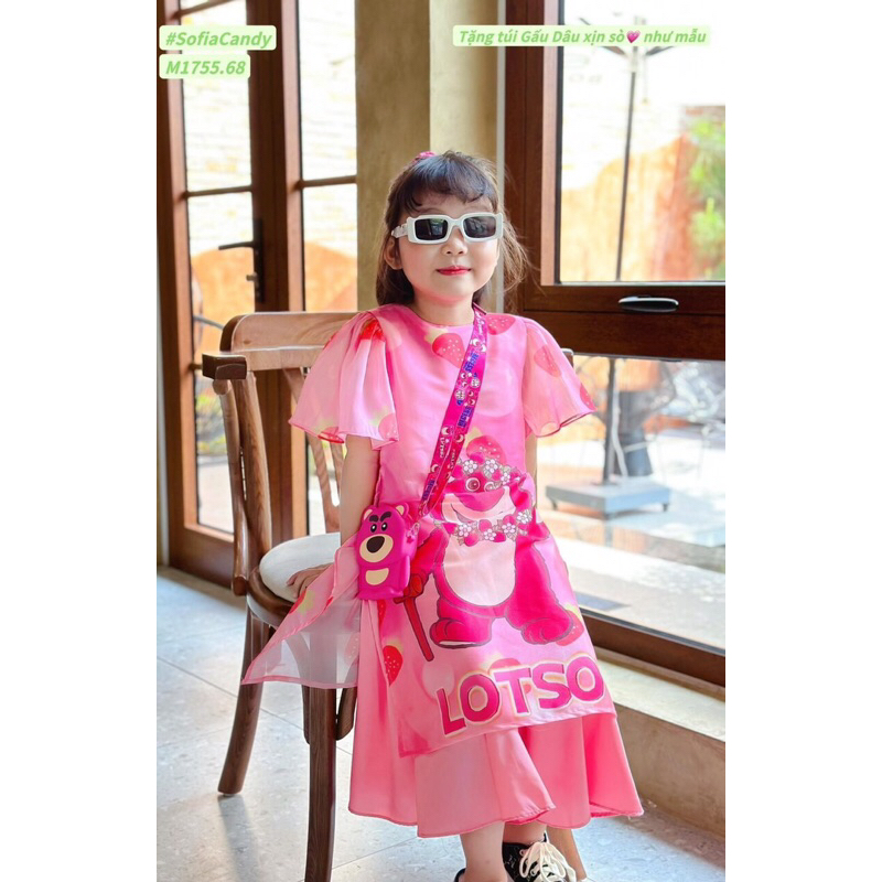 Áo dài cách Tân gấu dâu kèm nơ đeo bé gái 8-30kg, áo dài Tết bé gái siêu đẹp