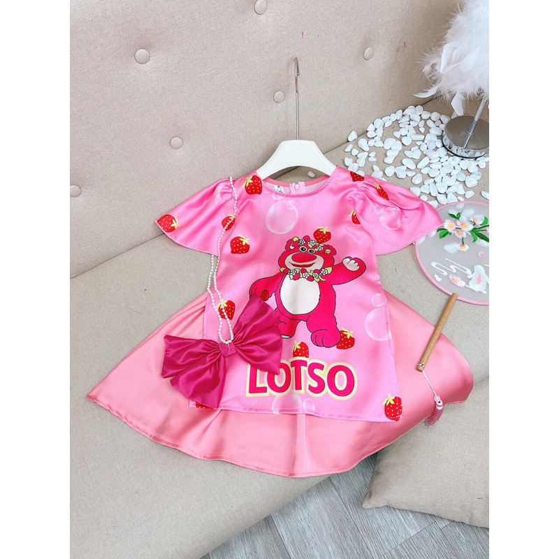 Áo dài cách Tân gấu dâu kèm nơ đeo bé gái 8-30kg, áo dài Tết bé gái siêu đẹp