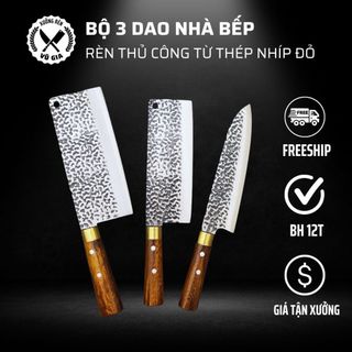 Bộ 3 Dao Nhà Bếp (Chặt Thái Lọc) Thép Nhíp Dập Vân 2 Mặt - Cán Gỗ Cẩm