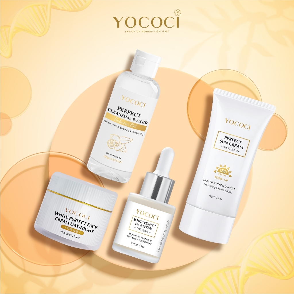 Bộ dưỡng trắng và bảo vệ da Yococi gồm 1 kem chống nắng 50g + 1 kem face 20g + 1 serum 20ml + 1 nước tẩy trang - 100g