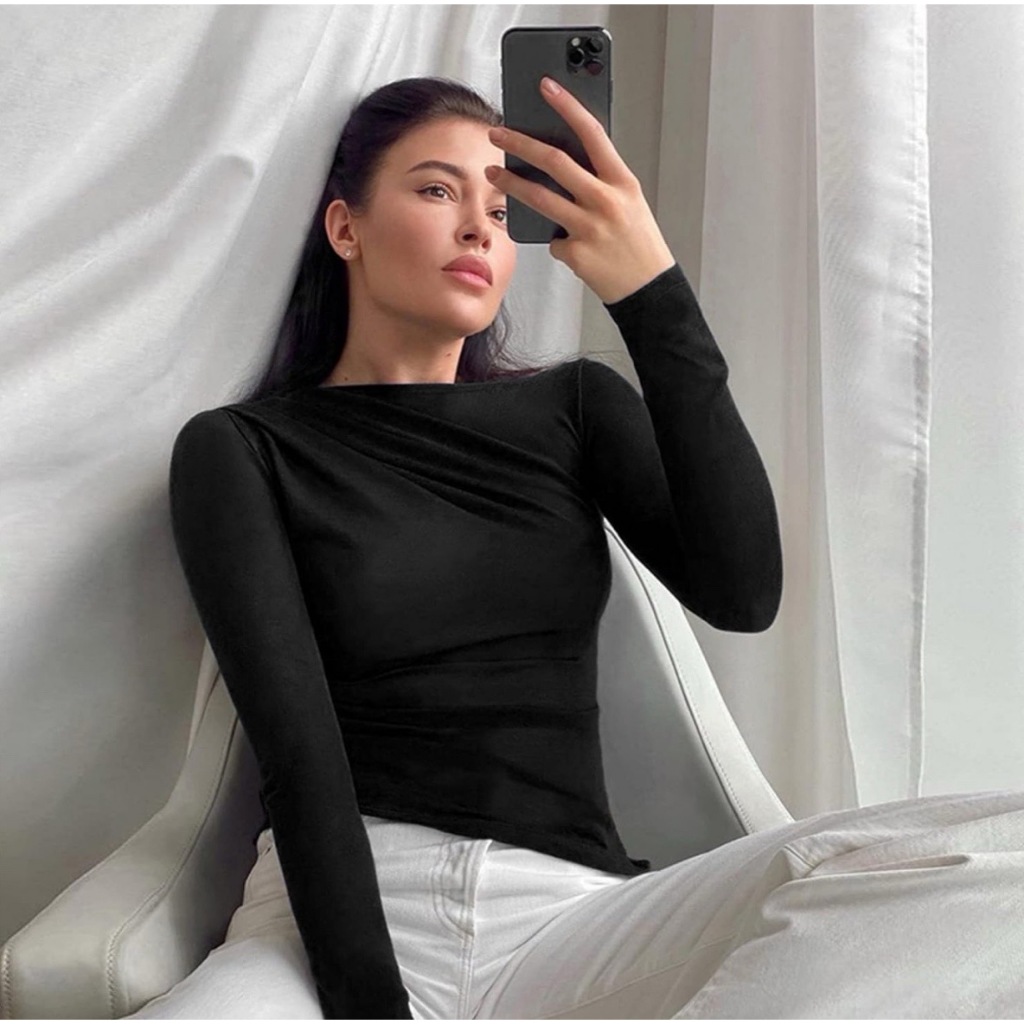 Áo tay dài cổ tròn nữ JUNE.SG áo thun nữ tay dài ôm body vải cotton co giãn D061