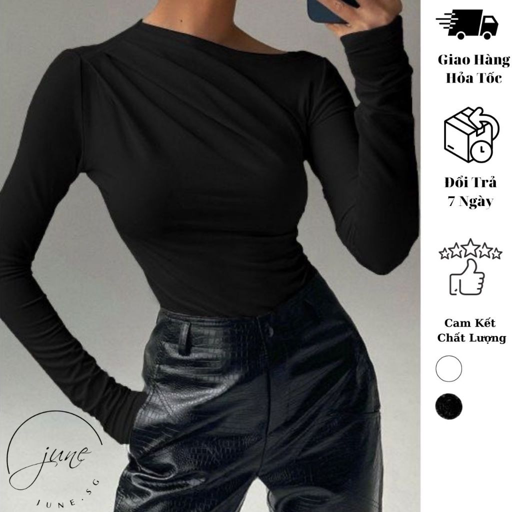 Áo tay dài cổ tròn nữ JUNE.SG áo thun nữ tay dài ôm body vải cotton co giãn D061
