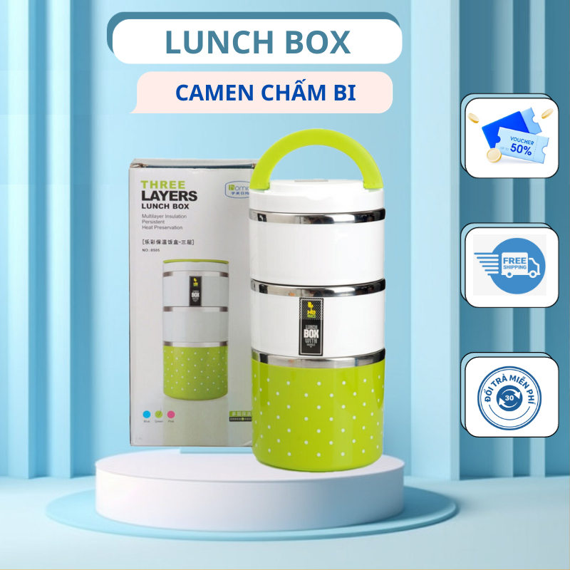 CÀ MEN GIỮ NHIỆT 3 TẦNG CHẤM BI - HỘP ĐỰNG CƠM GIỮ NHIỆT-CÀ MEN GIỮ NHIỆT - hàng chất lượng