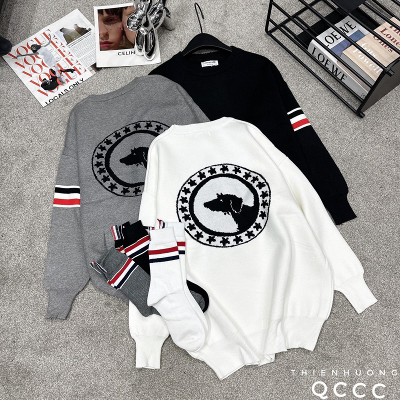 Áo Len Nữ, Áo Len Thome Cún Vạch Tay Chất Dày Dặn 3 Màu FreeSize - Áo Len Hàng Loại 1 Chất Dày Dặn Bông Tơi