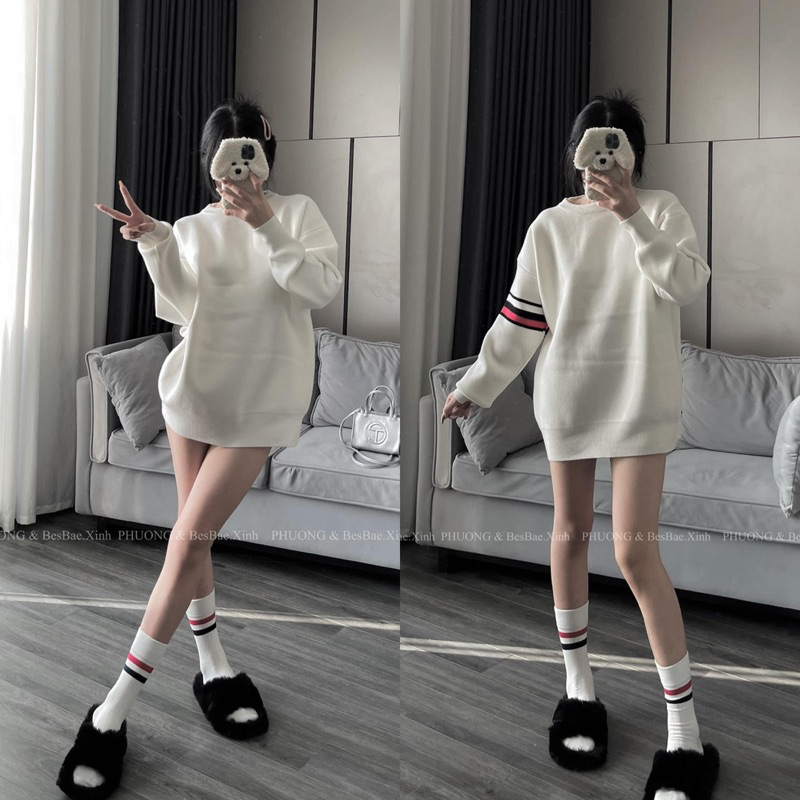 Áo Len Nữ, Áo Len Thome Cún Vạch Tay Chất Dày Dặn 3 Màu FreeSize - Áo Len Hàng Loại 1 Chất Dày Dặn Bông Tơi