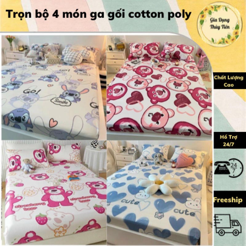 Trọn bộ 4 món ga gối cotton polyy