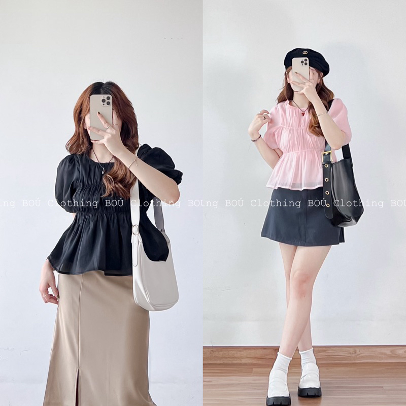 Áo tơ chun tay phồng nữ tính, dễ thương BOÚ Clothing (ảnh thật)