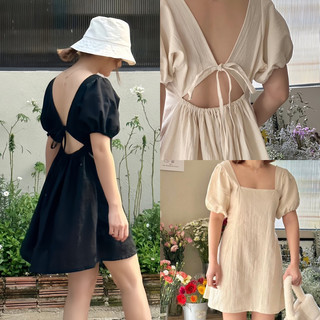 Đầm cổ vuông hờ lưng cột nơ 2 lớp tay phồng
