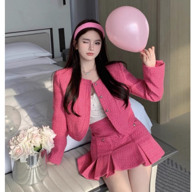 Set áo khoác dạ dài tay+chân váy ngắn nút tim retro thanh lịch cổ điển SAM SAM BOUTIQUE
