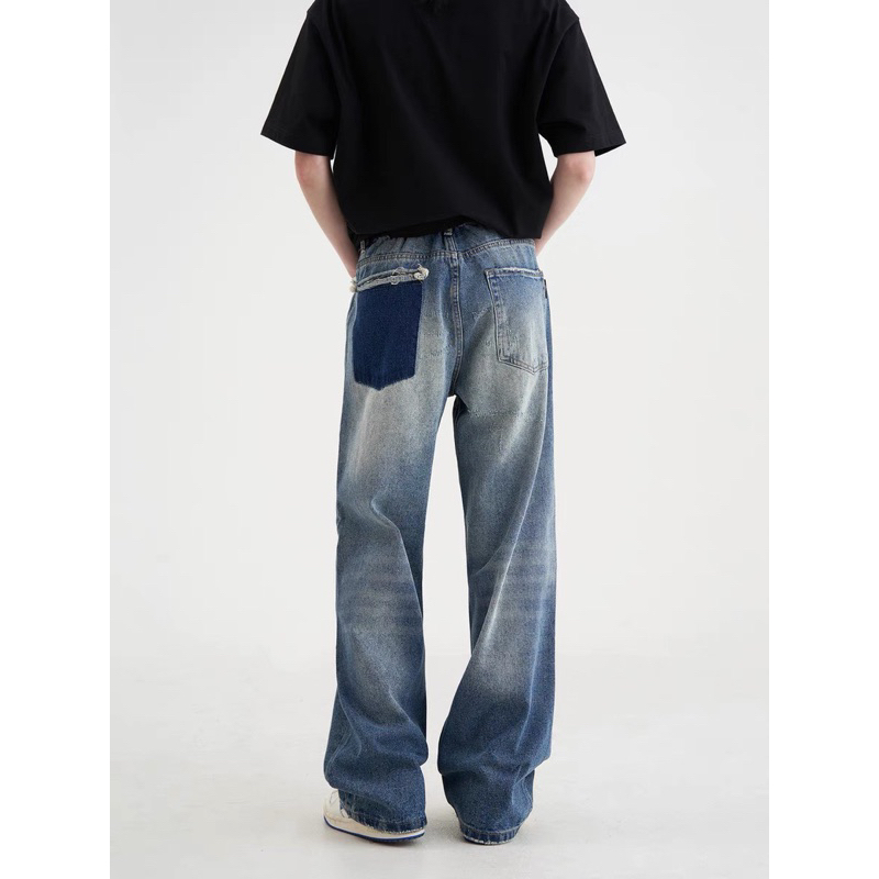 XANH KHÓI BIỂN RÁCH l- QUẦN JEANS WASH ỐNG RỘNG PHỦ GÓT GIÀY HALO KAKI