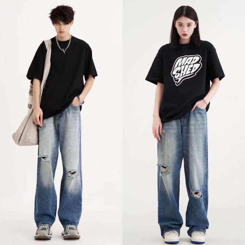 XANH KHÓI BIỂN RÁCH l- QUẦN JEANS WASH ỐNG RỘNG PHỦ GÓT GIÀY HALO KAKI