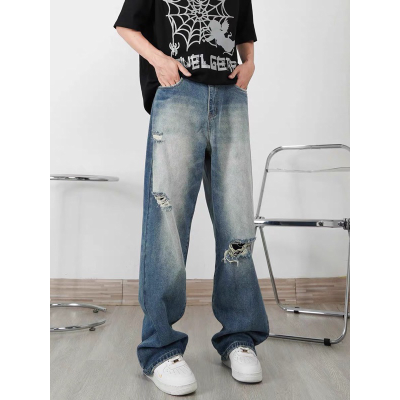 XANH KHÓI BIỂN RÁCH l- QUẦN JEANS WASH ỐNG RỘNG PHỦ GÓT GIÀY HALO KAKI