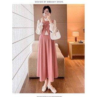 Váy bầu thu đông vạt chéo cổ 3 phân len tăm