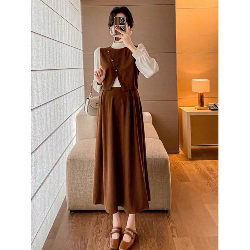 Váy bầu thu đông vạt chéo cổ 3 phân len tăm