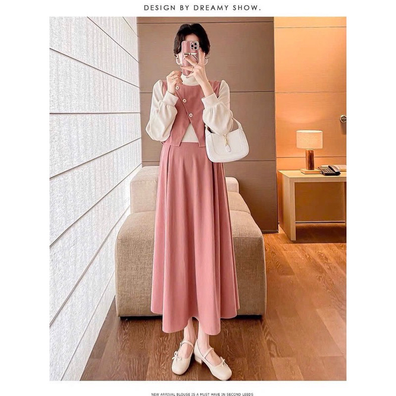 Váy bầu thu đông vạt chéo cổ 3 phân len tăm