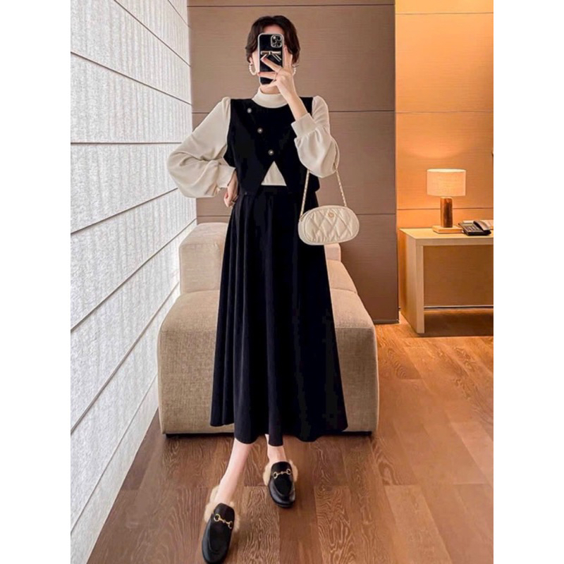 Váy bầu thu đông vạt chéo cổ 3 phân len tăm