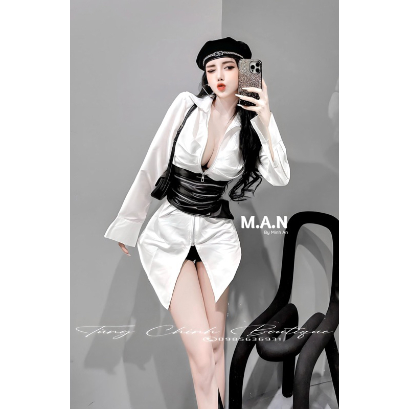 Áo sơmi váy kèm đai da siêu chảnh