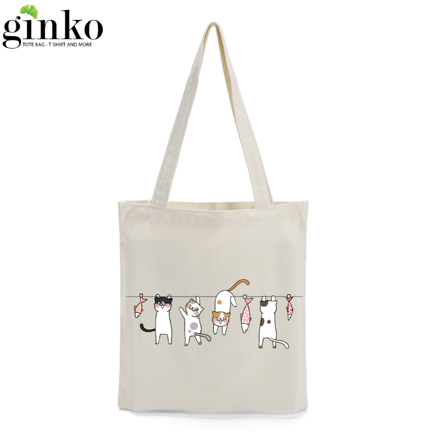 Túi Tote GINKO Vải Canvas có dây kéo khóa (có túi con bên trong)  in hình họa tiết Mèo đu dây HT47