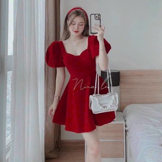 Váy Đầm NữTay Phồng Đi Chơi Dự Tiệc_Đầm Nhung Thiết Kế Dáng Xoè Màu Đỏ Sáng Da Chiết Eo Tôn dáng