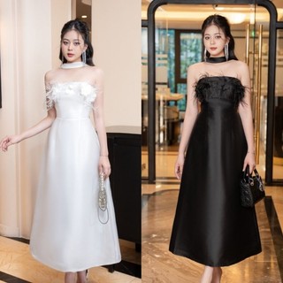 Đầm xoè tafta cúp ngực choàng cổ đính lông vũ cao câp