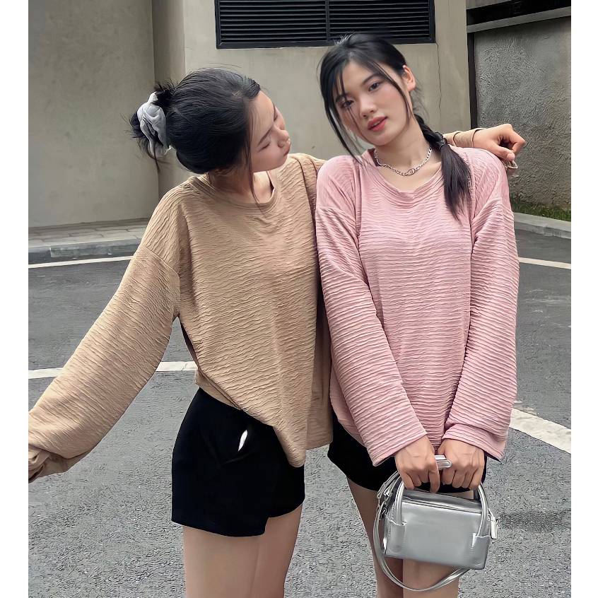 Áo dài tay nữ xốp nhăn 5 màu peonyb - Thun kiểu form rộng cổ tròn phong cách bánh bèo tiểu thư hotig