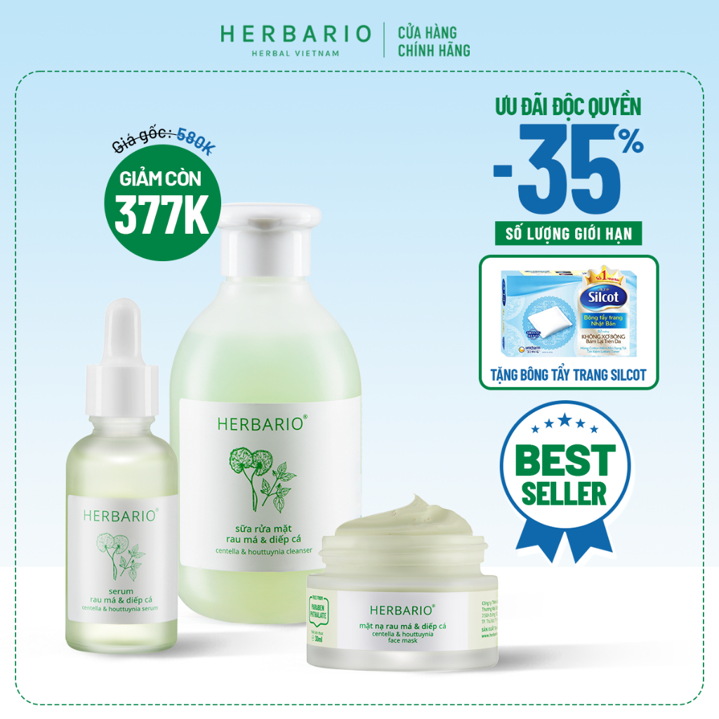 Bộ 3 chăm sóc da mụn cơ bản Rau má & Diếp cá Herbario: Sữa rửa mặt 200ml + Serum 30ml + Mặt nạ 30ml
