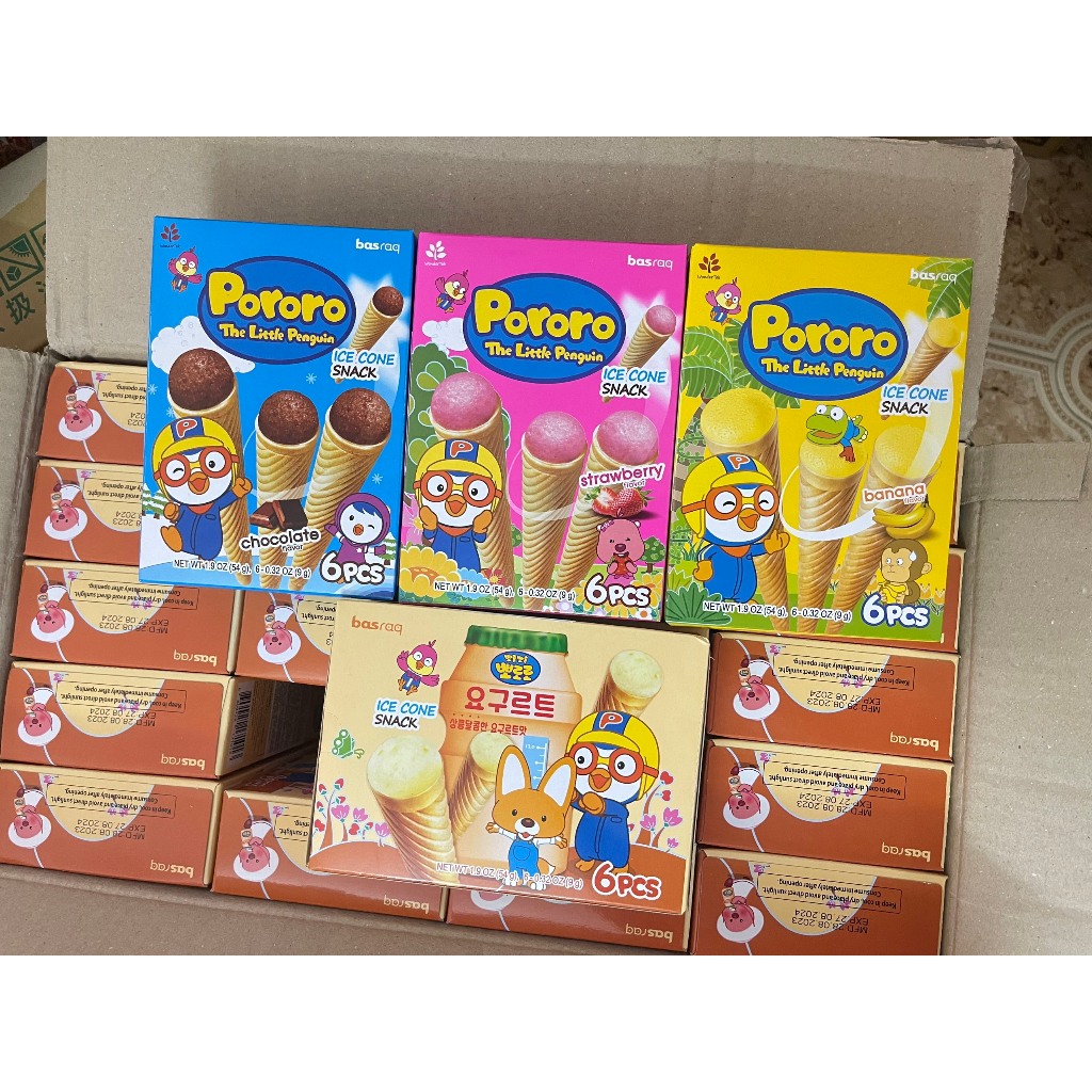 Bánh ốc quế Pororo Hàn Quốc 54g, bánh ăn vặt cho bé đủ vị chuối socola dâu sữa chua