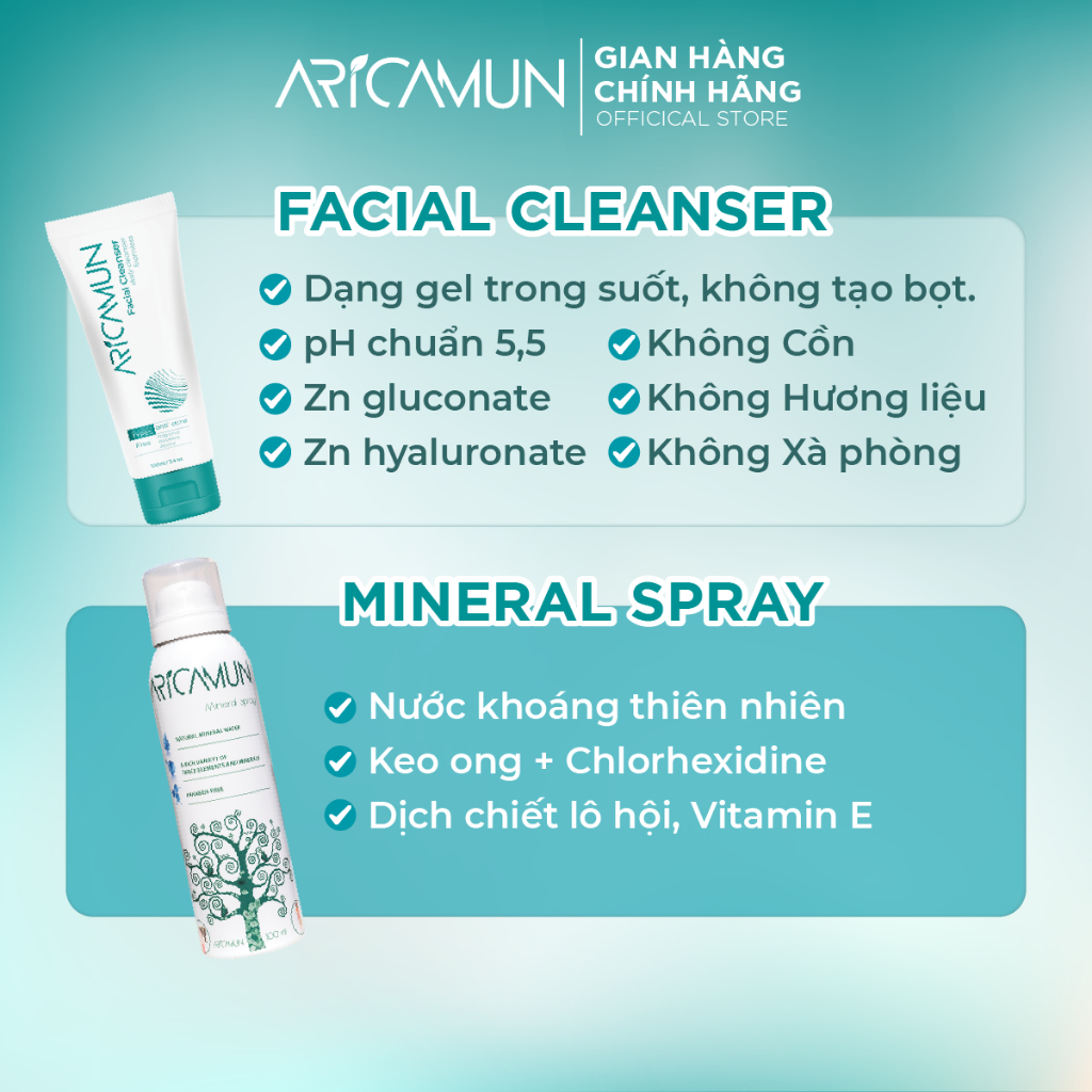 Bộ Đôi Sữa Rửa Mặt Và Xịt Khoáng Kiểm Soát Nhờn Mụn Aricamun 100ml Giúp Làm Sạch Cấp Ẩm Cho Mọi Loại Da