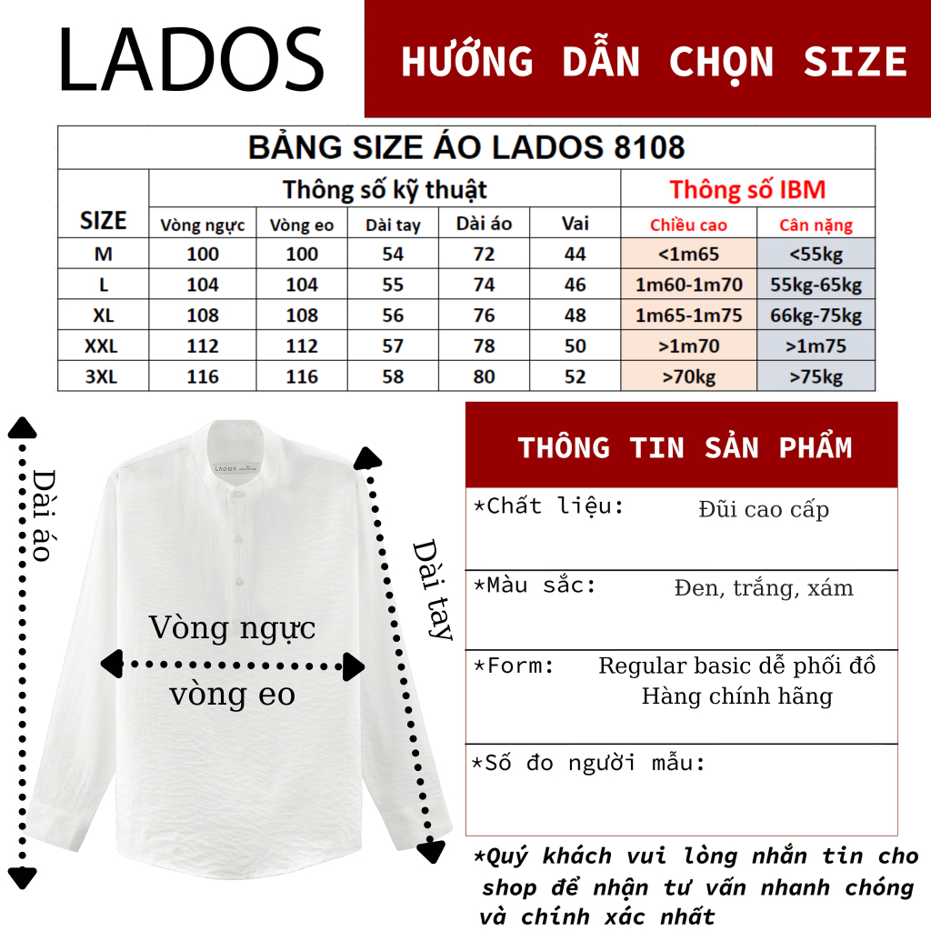 Áo sơ mi nam tay dài cổ trụ trẻ trung LADOS - 28108 phong cách Hàn Quốc chất đẹp form chuẩn