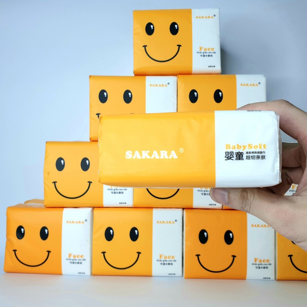 Giấy Ăn SAKARA Mặt Cười Siêu Dai Siêu Mịn - Giấy Ăn Rút 4 Lớp