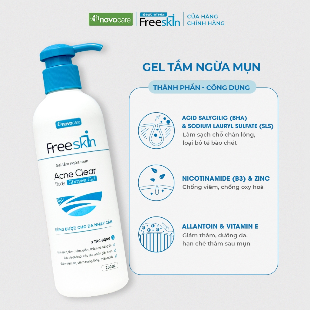 Combo 2 Gel tắm ngừa mụn&Xịt mụn lưng Novocare - Freeskin chuyên dùng cho mụn cơ thể, viêm nang lông, viêm da 250ml-80ml