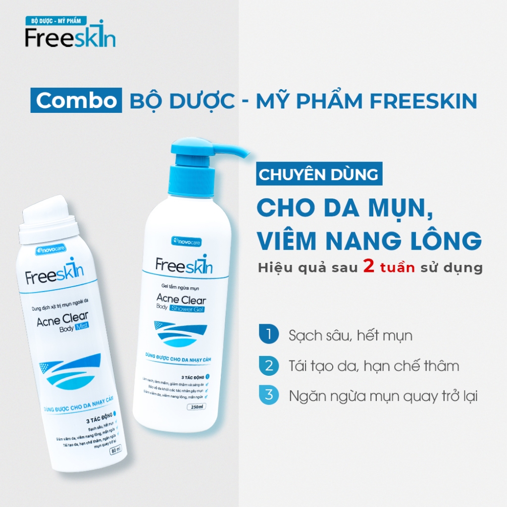 Combo 2 Xịt mụn lưng & 1 Gel tắm ngừa mụn Novocare - Freeskin dùng cho mụn cơ thể, viêm nang lông, viêm da 250ml – 80ml