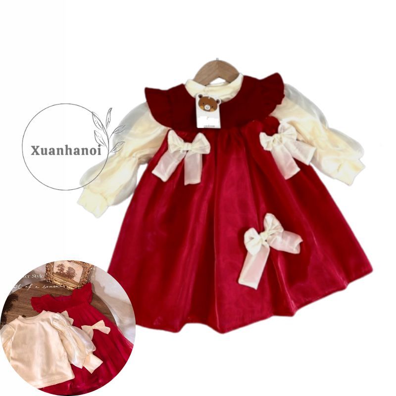 Váy bé gái_Váy nhung đỏ gắn nơ áo rời diện Nole diện tết 10-30kg XHN1460
