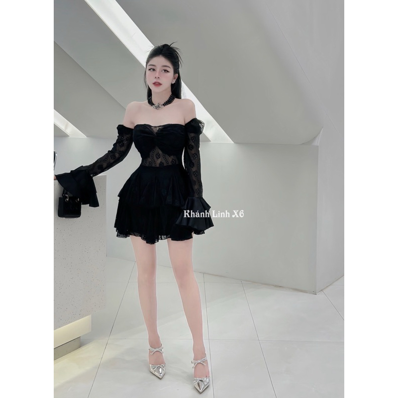 Đầm thiết kế ren trễ vai bèo tiểu thư