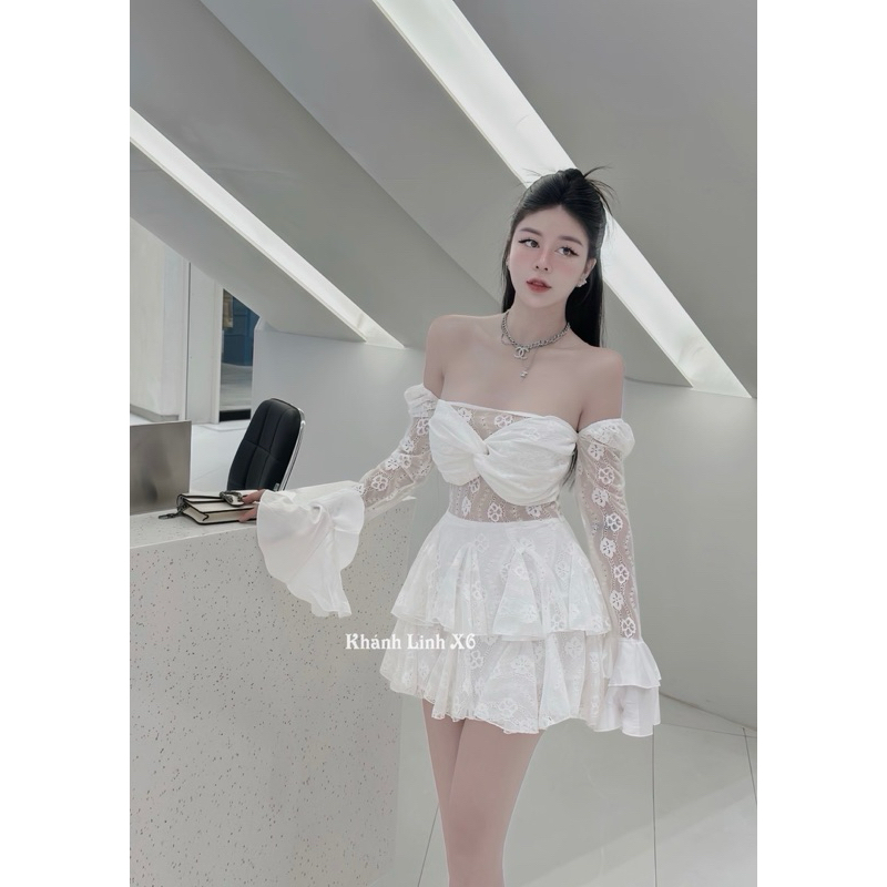 Đầm thiết kế ren trễ vai bèo tiểu thư