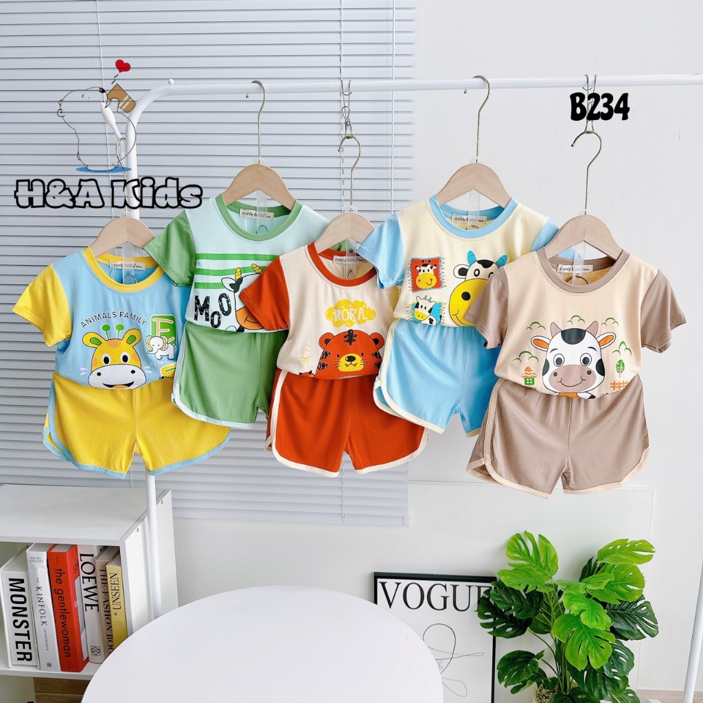 Bộ ngắn tay SIZE ĐẠI thun lạnh in hình trước ngực phối quần cho bé trai bé gái từ 19-32kg