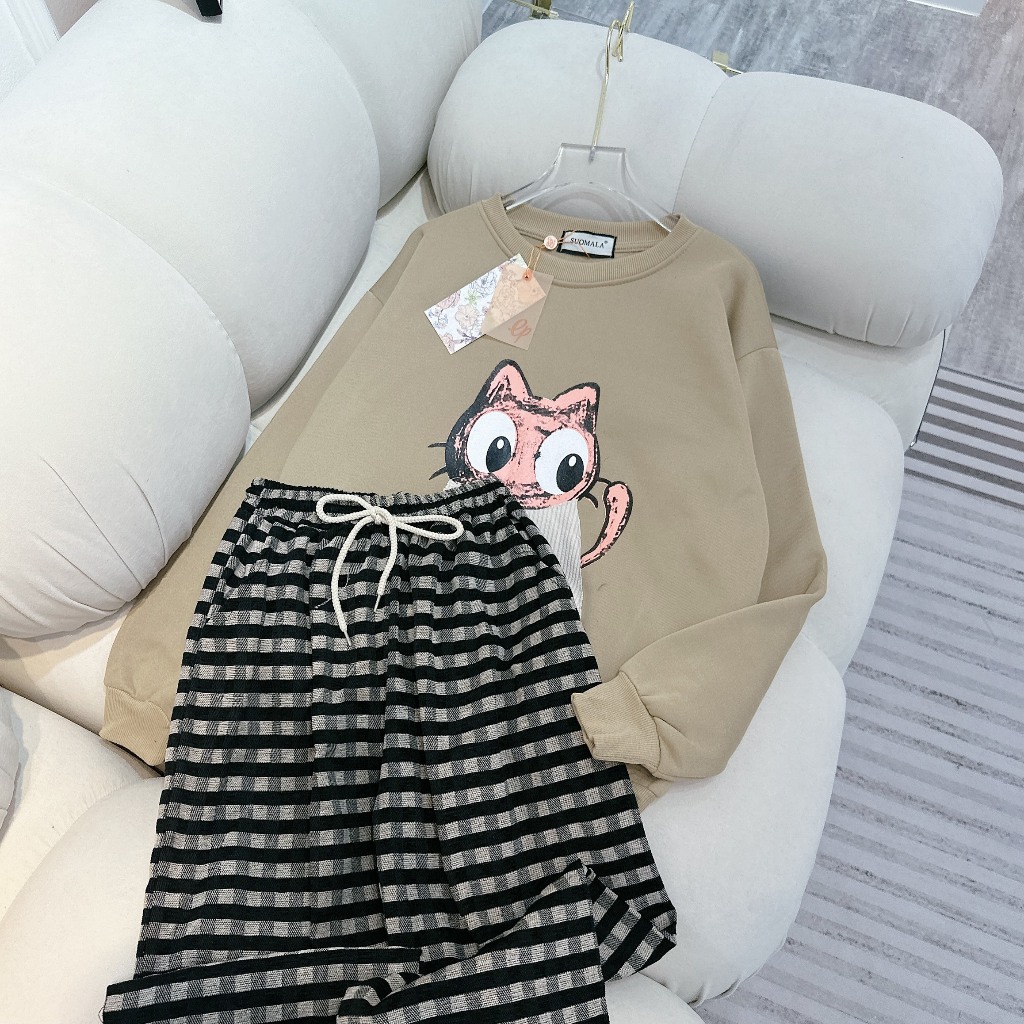 Set Bộ Đồ Nữ Mùa Đông Áo Nỉ Hình Cú Mèo Mix Quần Kẻ Caro Dệt Freesize