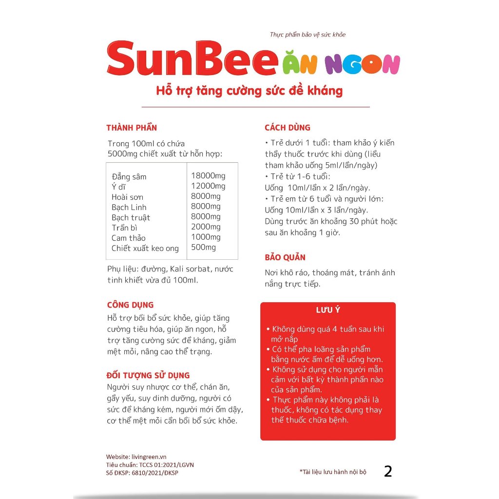 Siro ăn ngon Sunbee dạng ống - Tăng cường miễn dịch cho trẻ em thành phần keo ong và thảo dược - TNHH Livin' Green