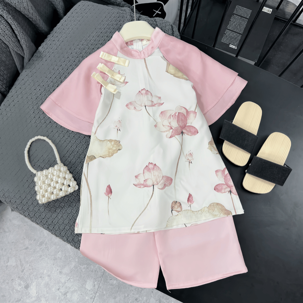 TT333 Set mẹ và bé áo dài hoa sen cách tân cánh tiên - MOMCARE.vn